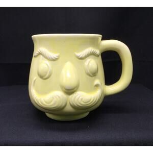 Vintage Yellow Ceramic Mustache Shield Coffee Mug